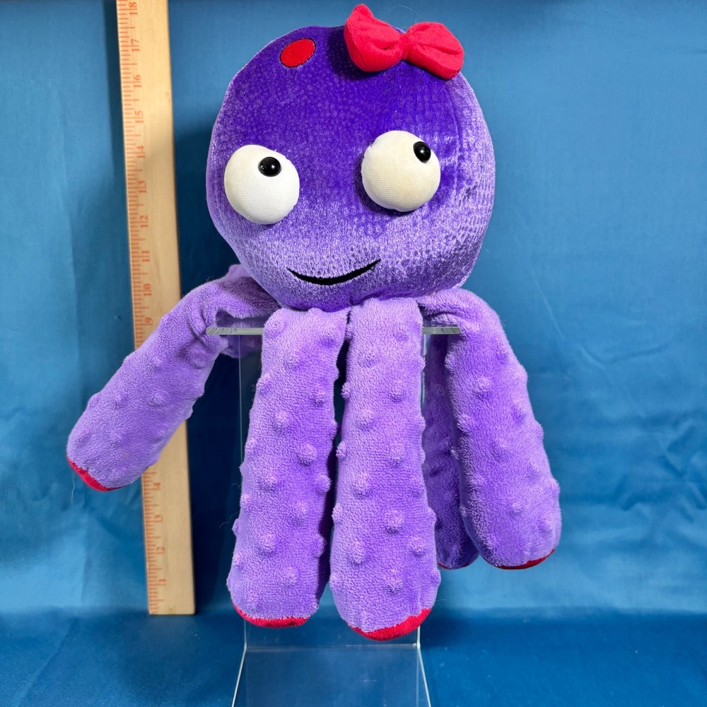 Purple Octopus Plush Toy with Red Bow and Textured Tentacles 12 Inch